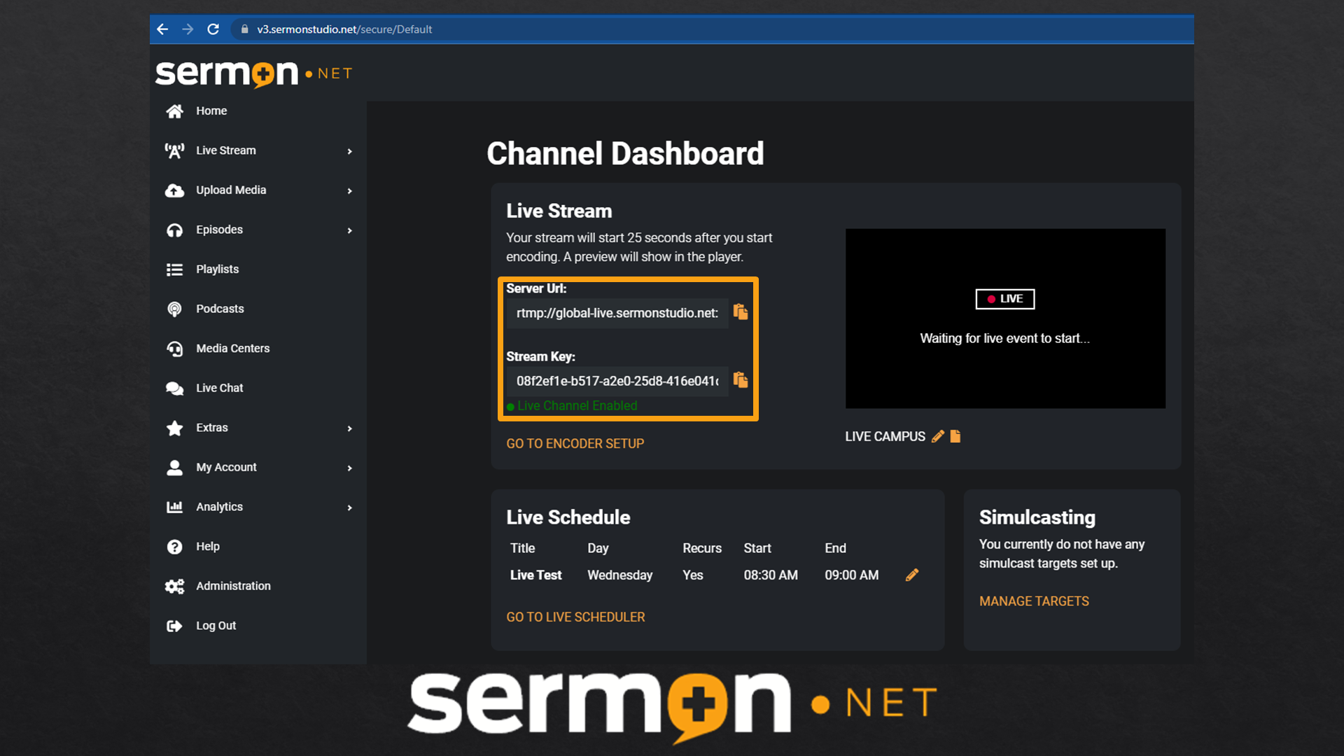 sermon.net live stream credentials