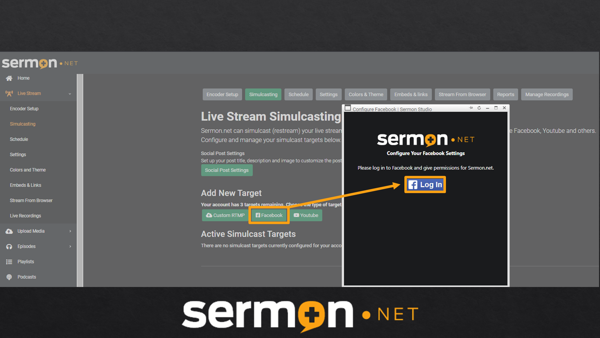 sermon.net restream to facebook